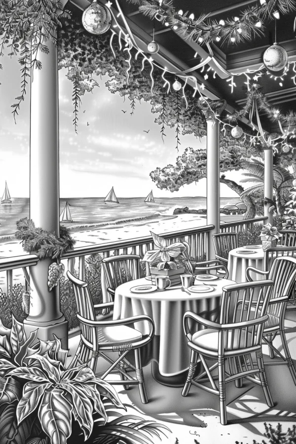 Seaside christmas restaurant terrace, realistic line art — free printable beach vacation coloring book page