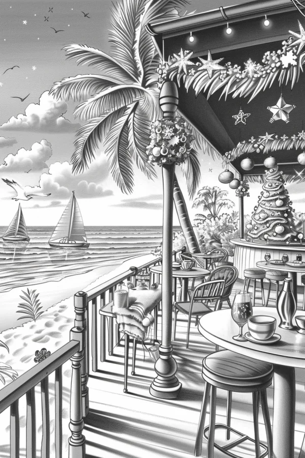 Coastal christmas patio with palm trees, realistic line art style — free printable beach vacation coloring book page