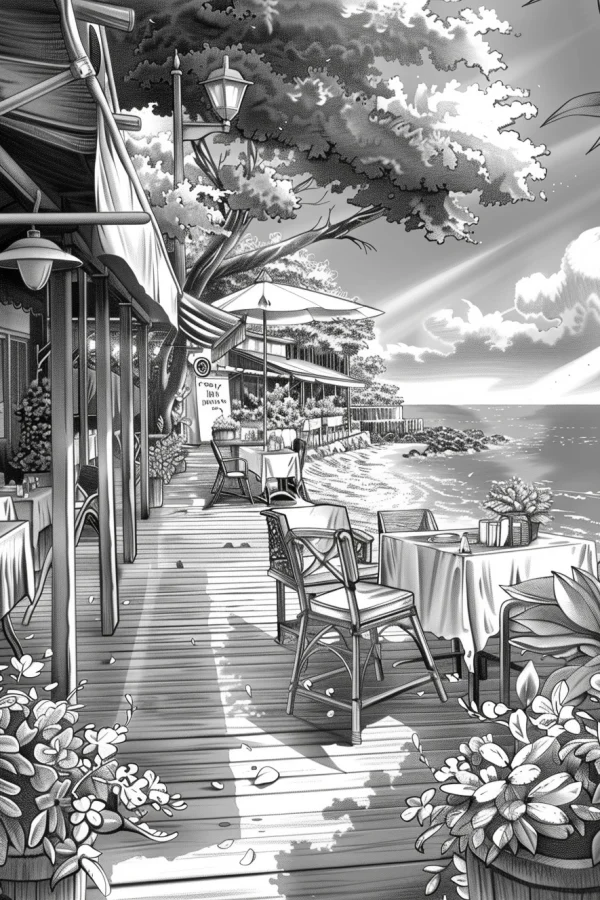 Seaside open-air restaurant, realistic line art style — free printable dining coloring book page