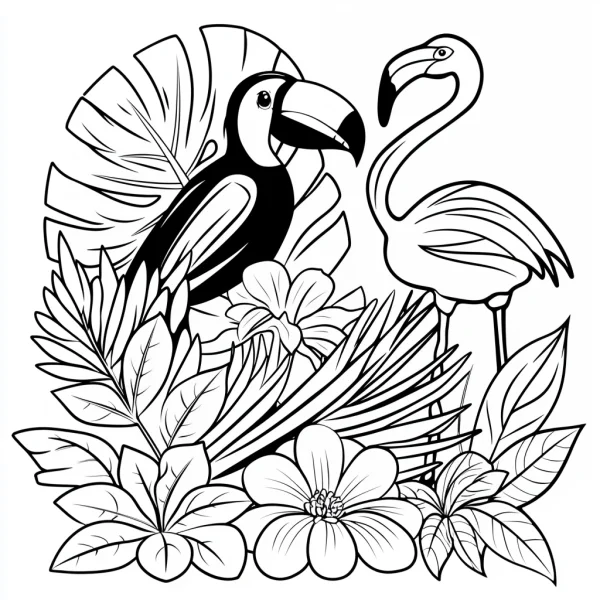 Toucan and flamingo, cartoon style — free printable tropical coloring book page