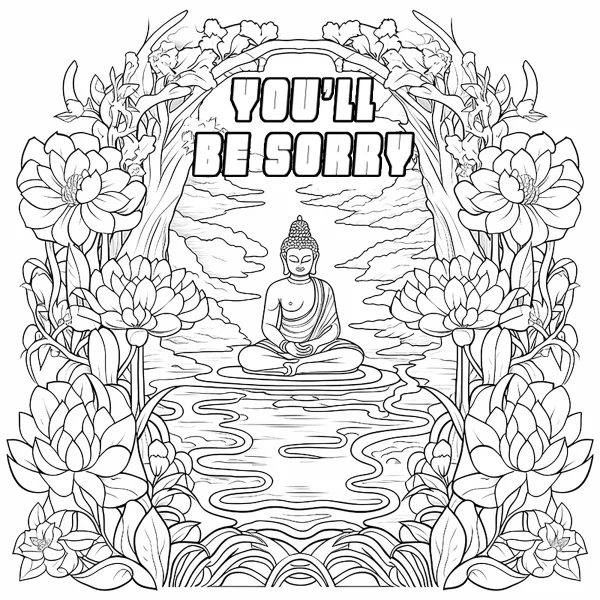Meditating buddha sitting on water surface, surrounded by large lotus flowers and floral arch frame — free printable buddhist culture coloring book page