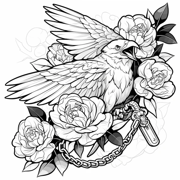 Majestic eagle with spread wings surrounded by blooming roses, chain and dagger — free printable coloring page