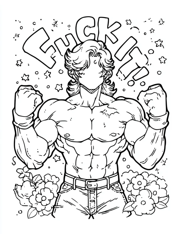 Muscular man flexing his fists, cartoon street art style — free printable trendy culture coloring book page