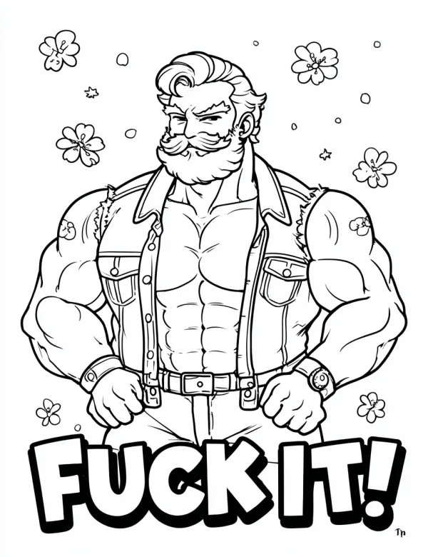 Muscular man in denim sleeveless jacket, cartoon style — free printable fitness coloring book page