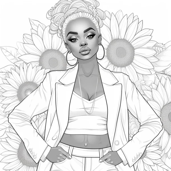 Coloring book page, stylish curly-haired black woman in blazer and crop top — free printable female coloring book page