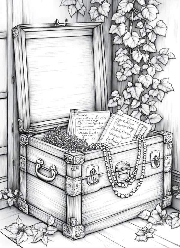 Vintage old wooden chest, retro realistic illustration style — free printable nostalgia coloring book page