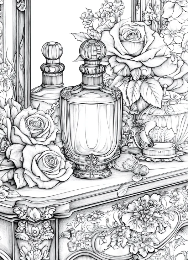 Vintage perfume bottles with roses still life, retro realistic sketch style — free printable still life coloring book page