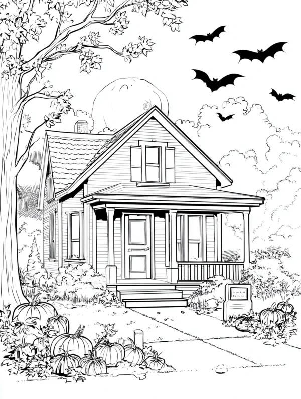 Halloween-themed country cottage, cartoon style — free printable living scene coloring book page