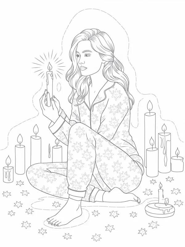 Girl in snowflake-patterned pajamas holding a candle, surrounded by various candles and star decorations — free printable cozy daily life coloring book page
