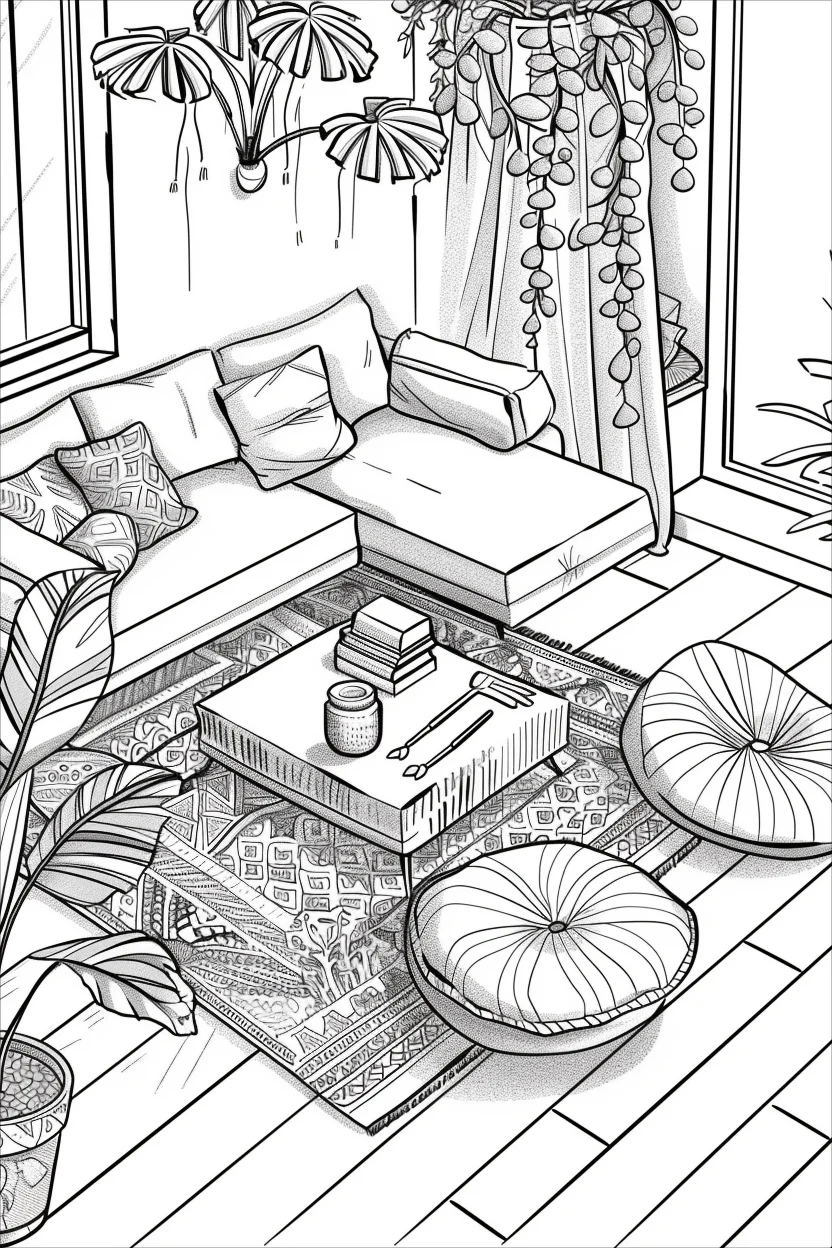 Cozy living room scene with l-shaped sofa and coffee table, realistic ...