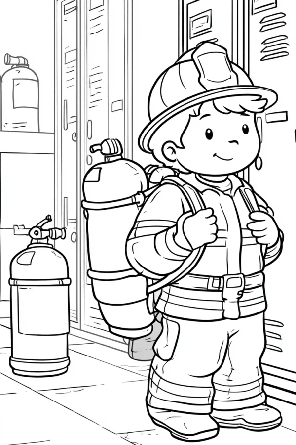 Cartoon firefighter wearing helmet and fire suit, carrying oxygen tank — free printable firefighters coloring book page