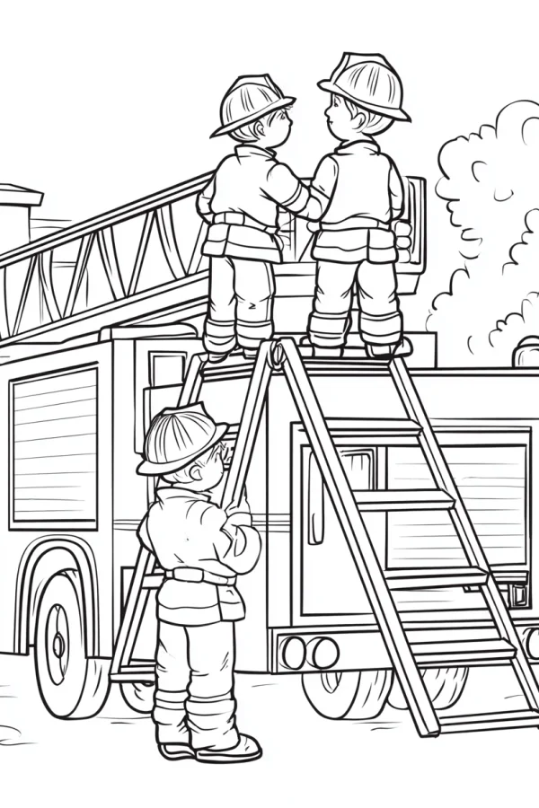 Little firefighters standing on and beside a fire truck, cartoon sketch style — free printable firefighters coloring book page