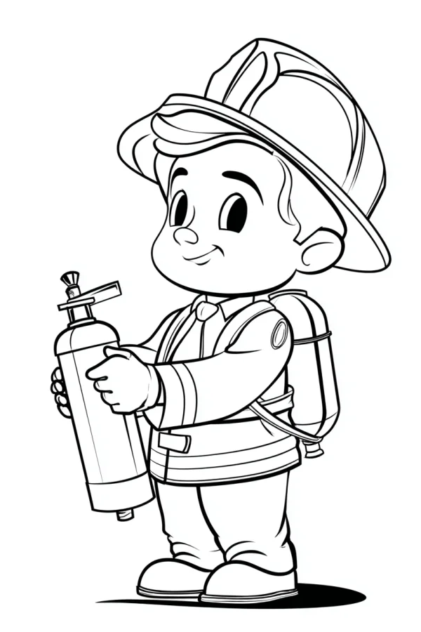 Cute cartoon firefighter holding a fire extinguisher, cartoon style — free printable firefighters coloring book page