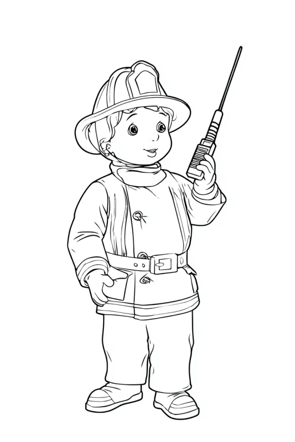 Cartoon firefighter boy holding a walkie-talkie, cute cartoon style — free printable firefighters coloring book page