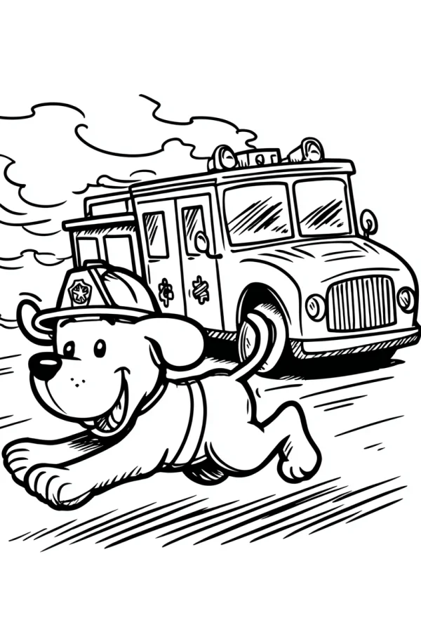 Cartoon fire dog wearing fire helmet, running in front of a fire truck — free printable firefighters coloring book page