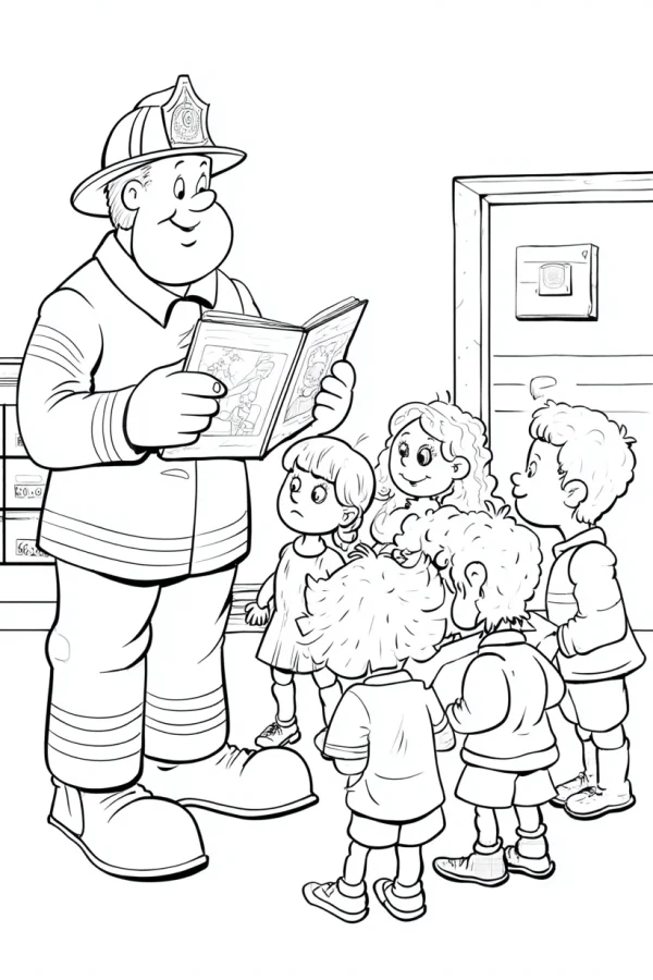 Friendly firefighter reading to a group of children, cartoon style — free printable firefighters coloring book page