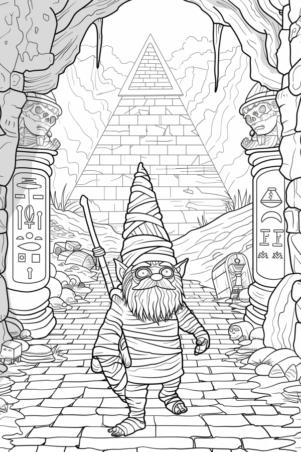 Mummified elf with glasses and staff, fantasy ancient egyptian scene — free printable egypt coloring book page