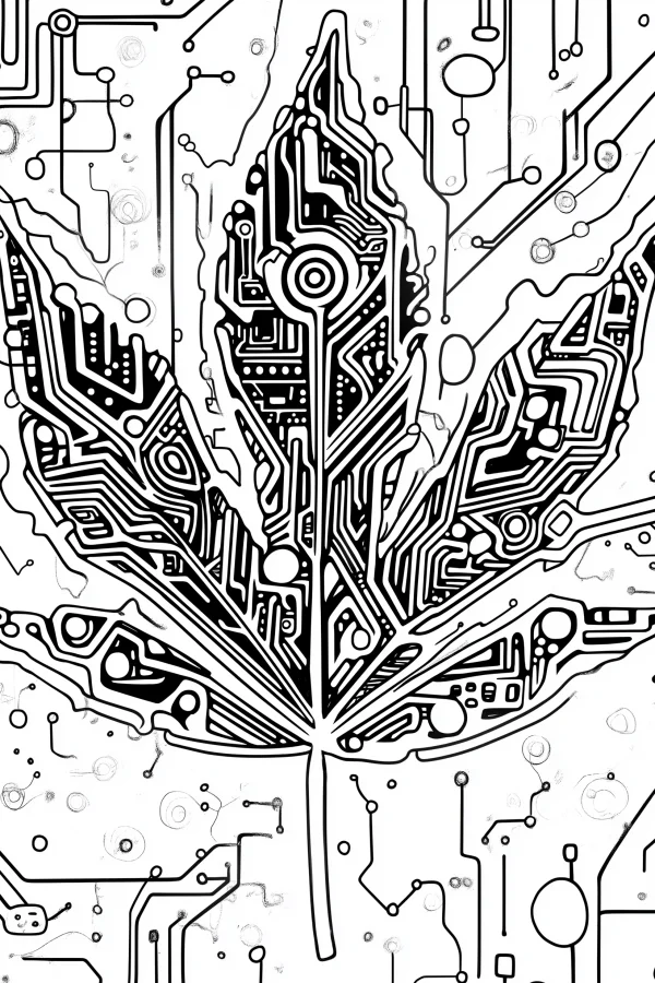 Cyberpunk circuit maple leaf, cyberpunk style — free printable technology coloring book page
