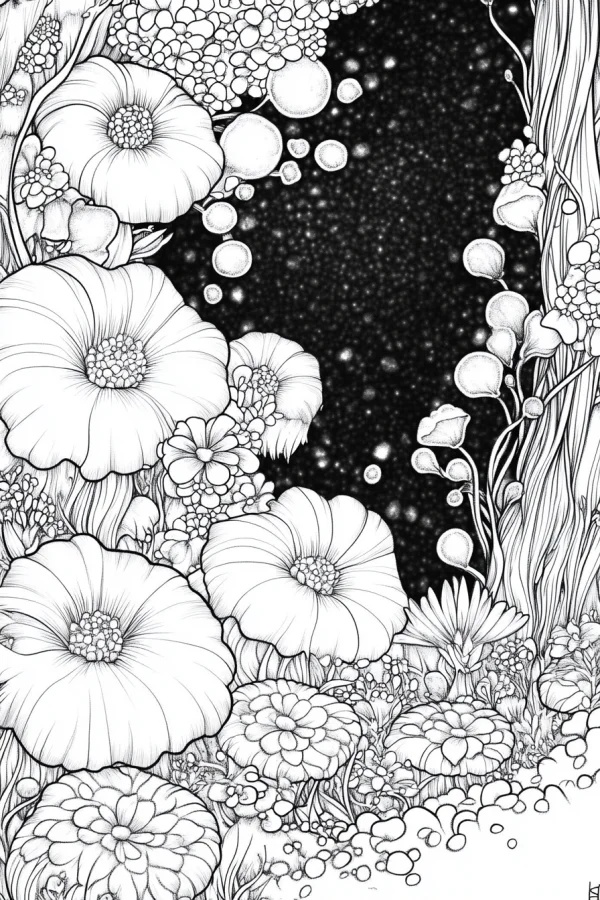 Various detailed flower cluster with buds and vines, hand-drawn style — free coloring book page