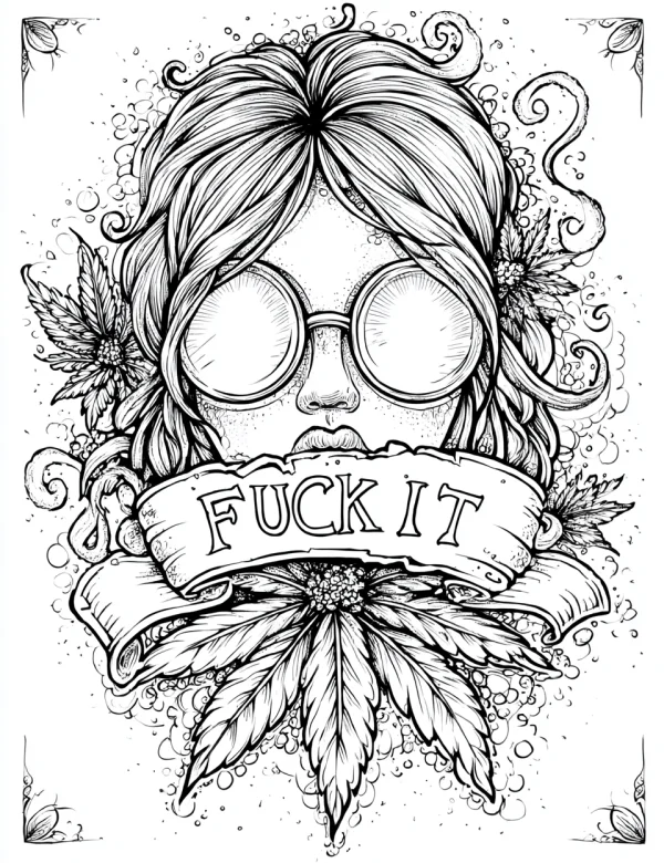 Girl with round glasses, cannabis leaves and 'fuck it' banner — free printable rebellion coloring book page
