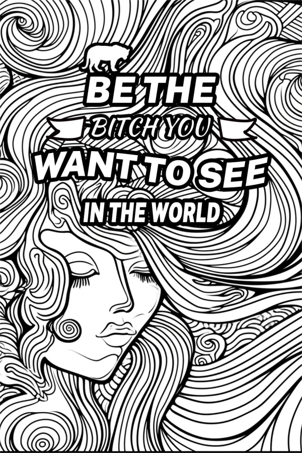 Closed-eyed woman with swirling curly hair, abstract spiral wave patterns background — free printable abstract creativity coloring book page