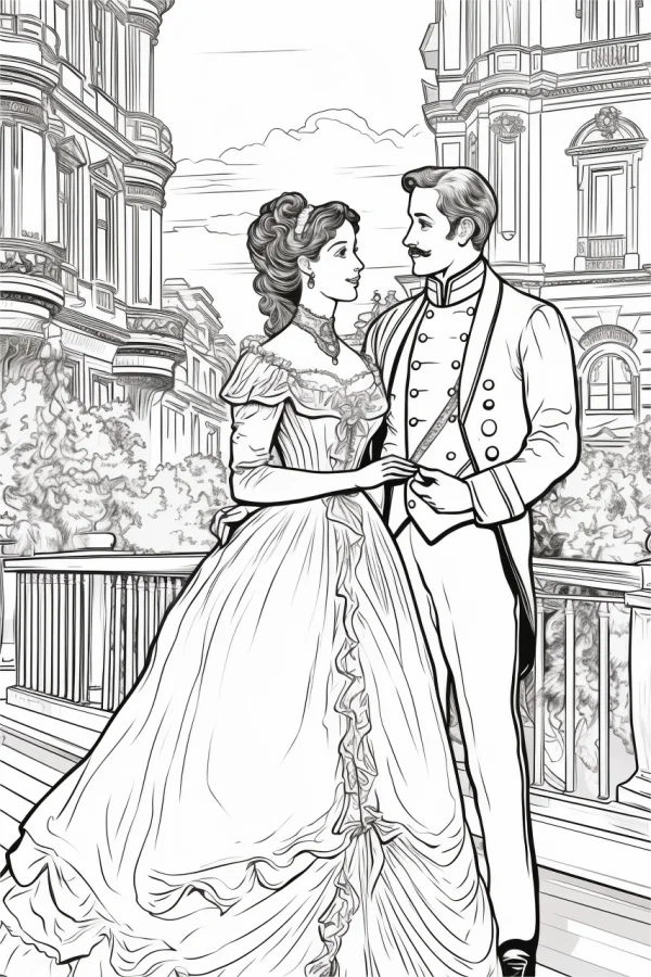 Victorian style noble couple, romantic scene on balcony with classic european buildings in background — free printable classical scene coloring book page