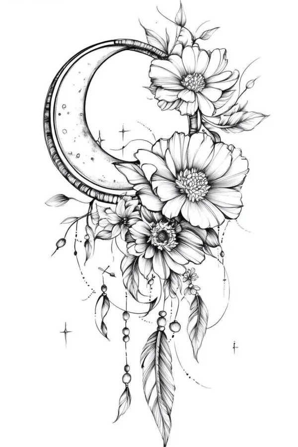 Crescent moon adorned with daisies and feathers, illustration style — free printable moon coloring book page