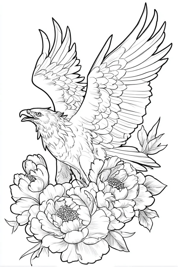 Spreading wings eagle with blooming peonies, sketch style — free printable coloring page