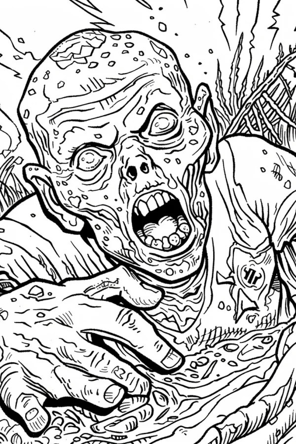 Horror zombie with bumpy skin and twisted hands, horror art style — free printable zombies coloring book page