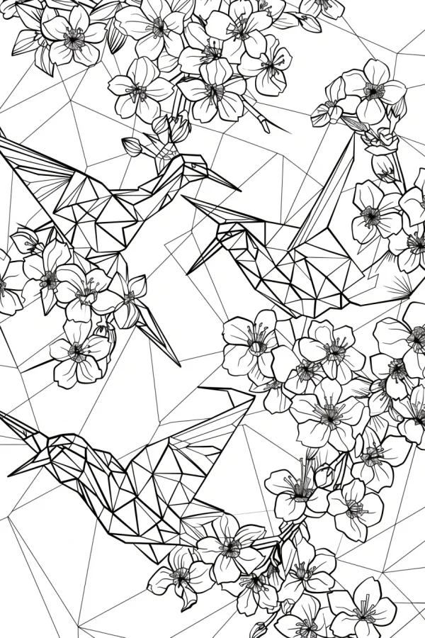 Geometric style hummingbirds with floral blossoms, line art — free printable geometry coloring book page