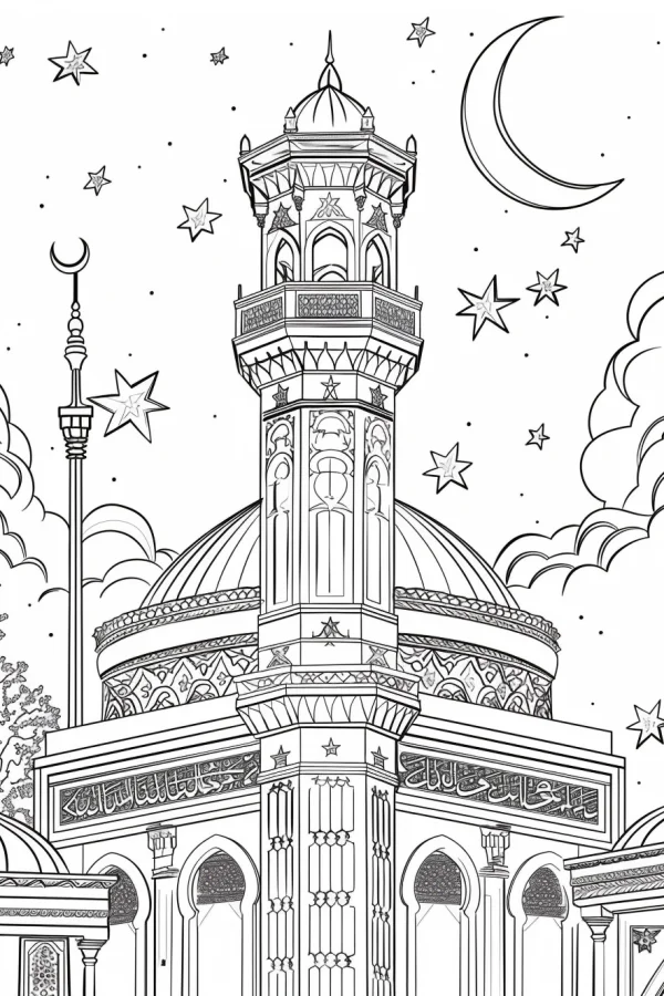 Islamic mosque with minaret and dome, middle eastern style — free printable religious architecture coloring book page