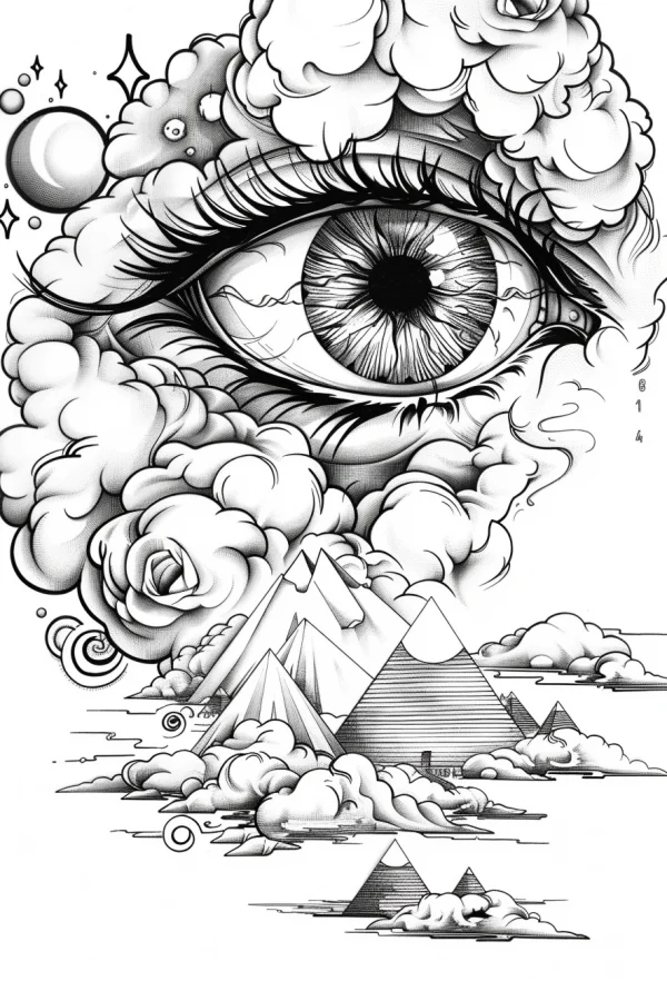Coloring book page, mystical giant eye with egyptian pyramids — free printable egypt coloring book page