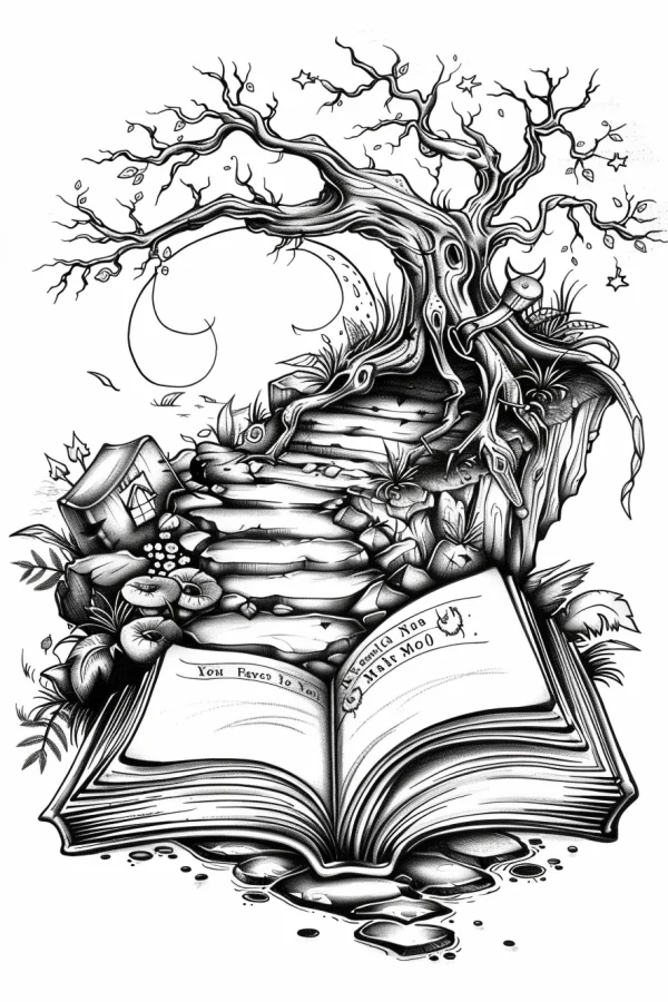 Open magic book extending fantasy forest scene with gnarled tree, stone steps — free printable books coloring book page