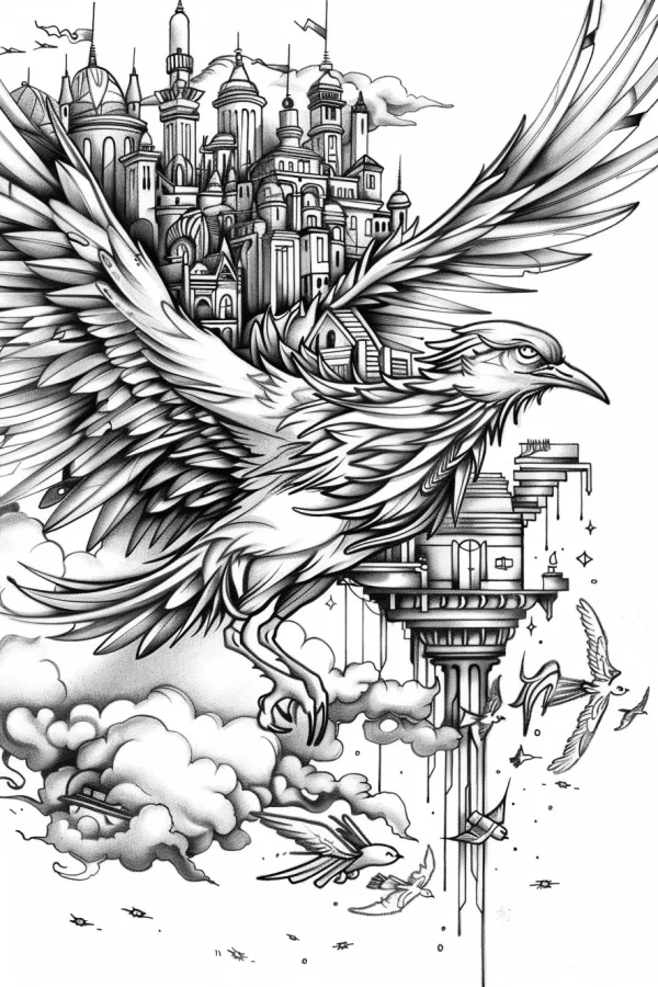 Giant eagle carrying a fantasy castle on its back, fantasy sketch style — free printable coloring page