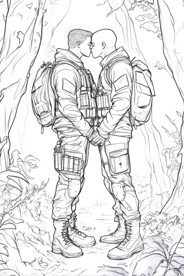 Two soldiers holding hands and kissing, realistic style — free printable soldier coloring book page