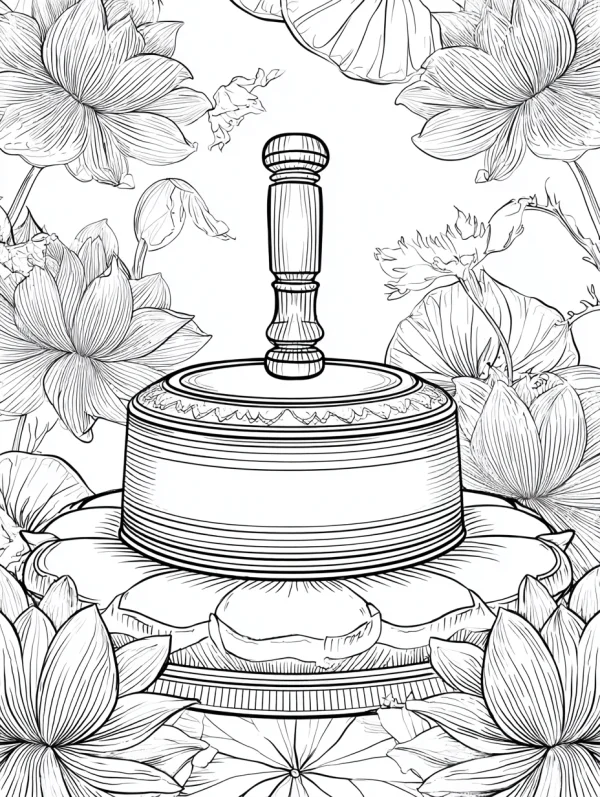 Coloring book page, prayer wheel surrounded by lotus flowers and leaves — free printable buddhist culture coloring book page