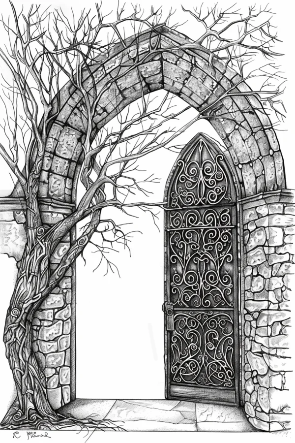 Gothic stone archway with wrought iron door wrapped by bare dead tree, medieval fantasy scene — free printable medieval scene coloring book page