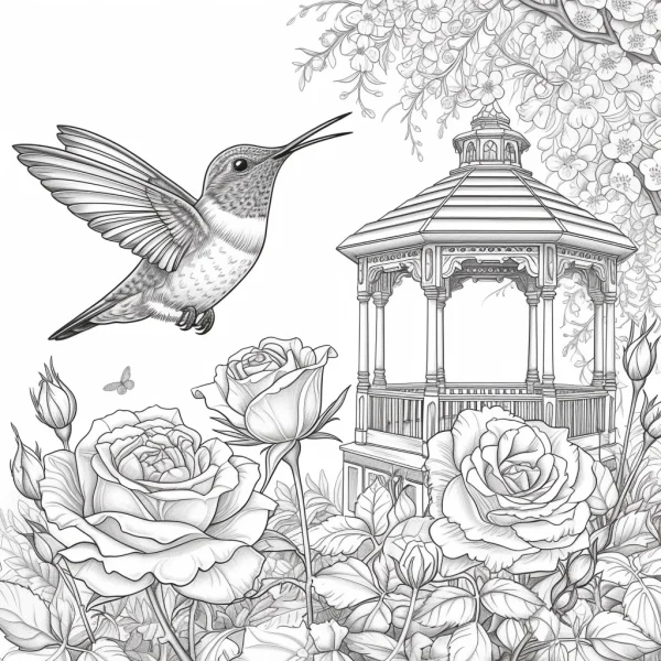 Hummingbird flying above roses with garden gazebo, realistic line art style — free printable coloring page