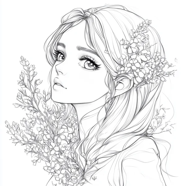 Long-haired girl surrounded by flower clusters and with floral hair accessories, japanese anime illustration style — free coloring book page