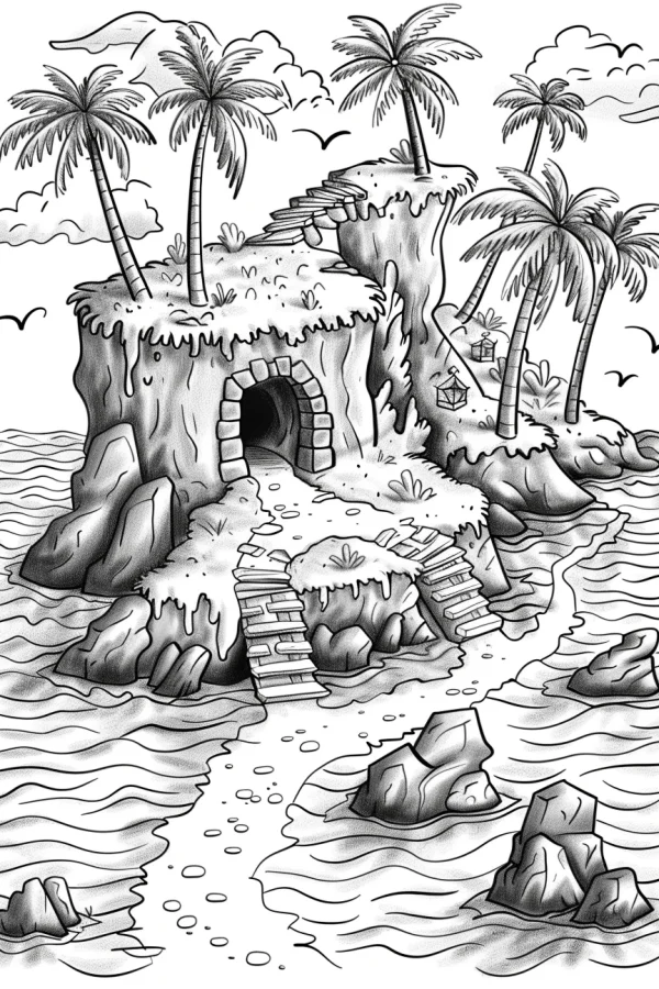 Island cave with palm trees, realistic sketch line art style — free printable island coloring book page