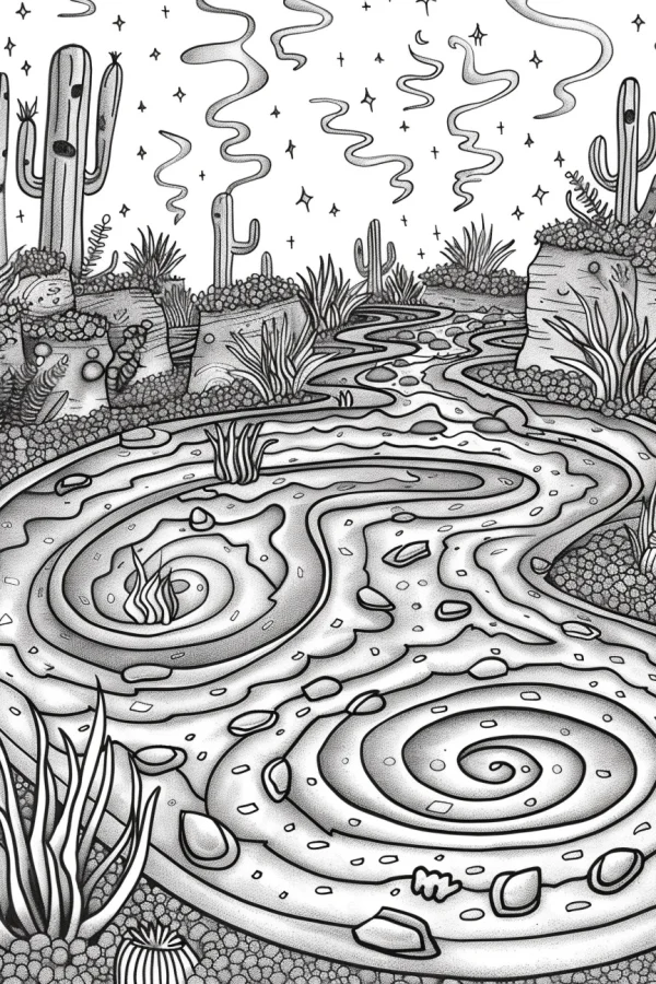 Desert scene with spiral stream, surrounded by cacti and desert plants — free printable coloring page
