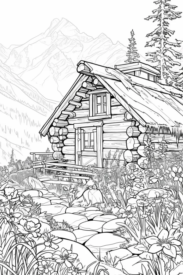 Mountain log cabin, realistic line art style — free printable outdoor camping coloring book page