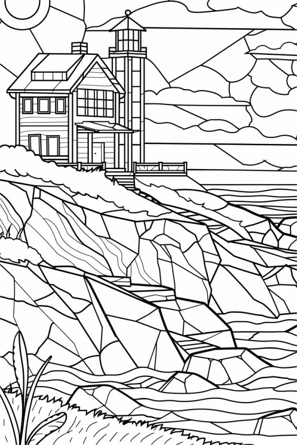 Lighthouse and house on cliff, geometric stained glass style — free printable scene theme coloring book page
