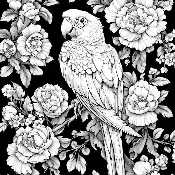 Parrot surrounded by peonies, realistic sketch style — free printable coloring page