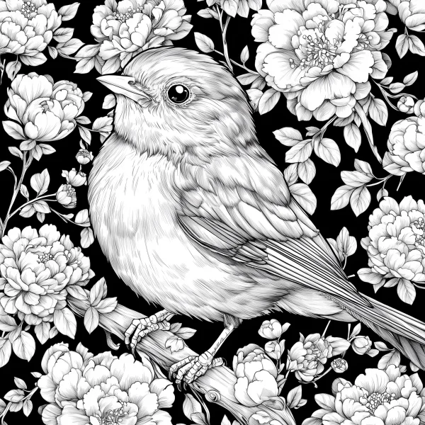 Cute little bird perched on a branch, surrounded by intricate peonies and leaves — free printable coloring page