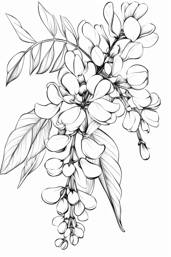 Hanging flowers and leaves, sketch style — free coloring book page