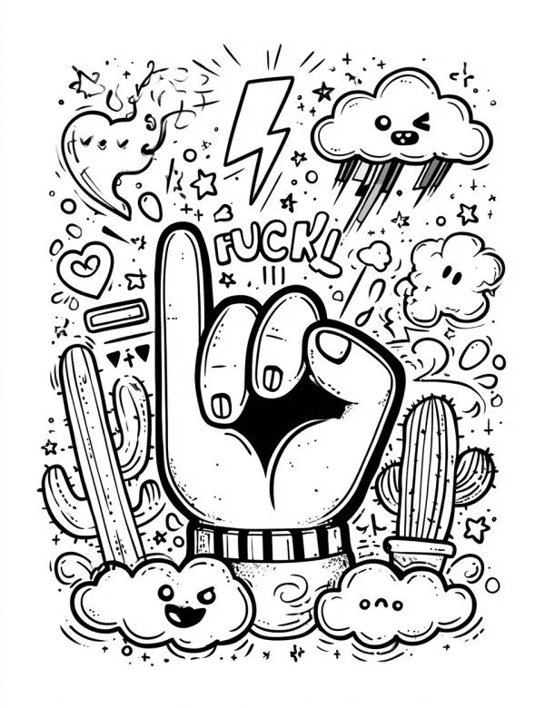 Middle finger hand gesture, graffiti style — free printable trend coloring book page