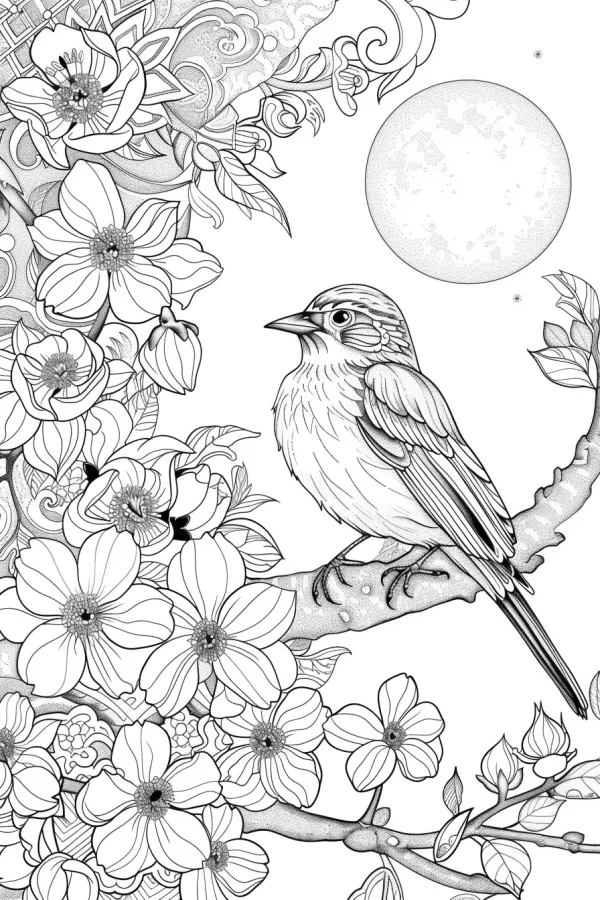 A small bird perched on a flowering branch, realistic line art style — free printable coloring page