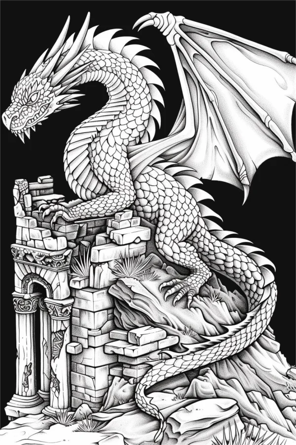 Majestic dragon perched on medieval ruins, fantasy style — free printable medieval scene coloring book page