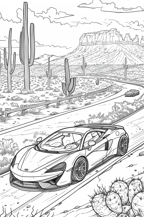 Sports car on desert highway, realistic illustration style — free printable coloring page